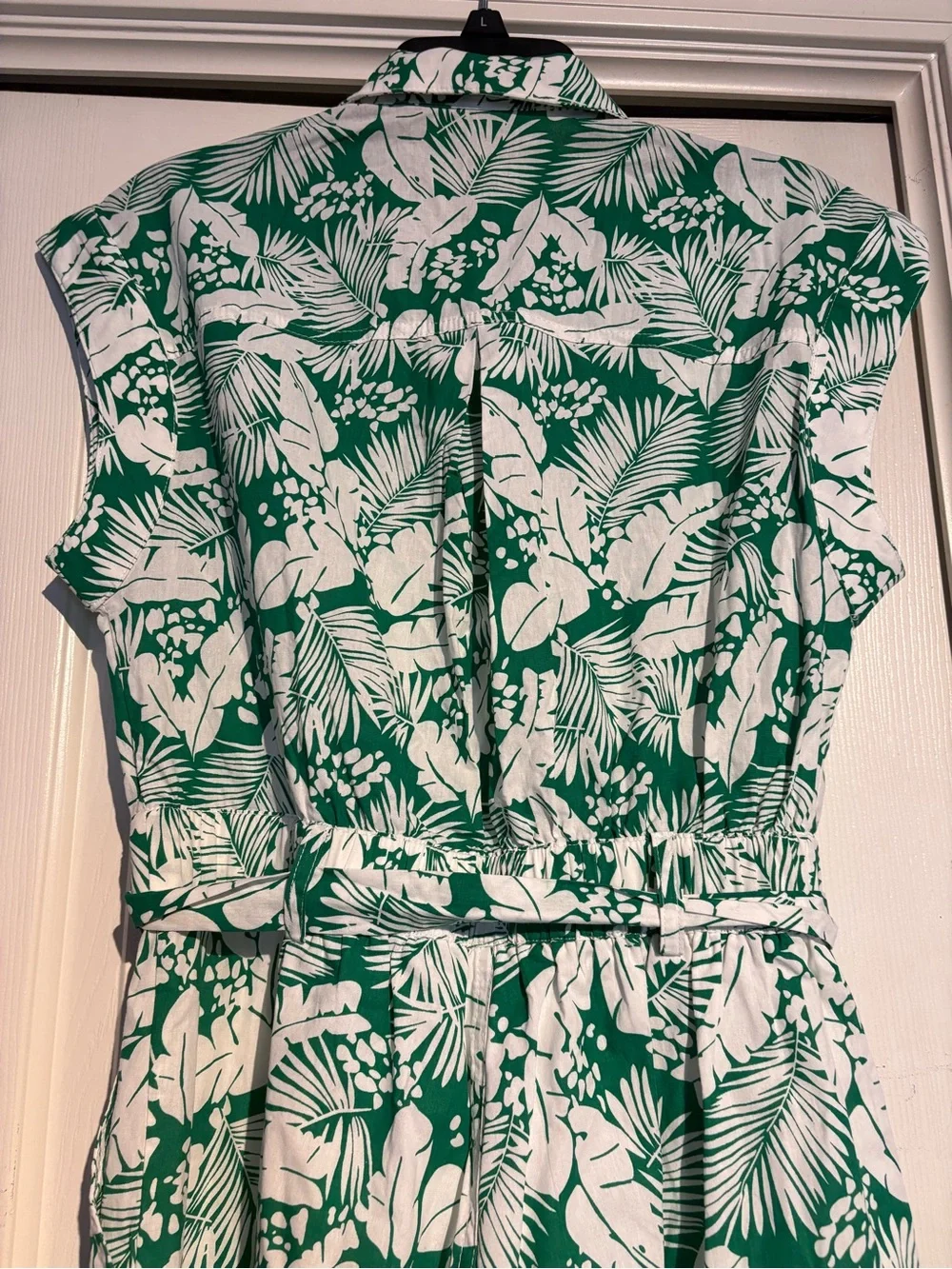 Green & White Tropical Print Tie-Waist Jumpsuit